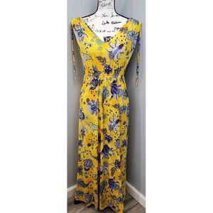 IMAN Maxi Dress Womens Petite S Yellow Blue Floral Sleeveless V Neck Cinch Waist